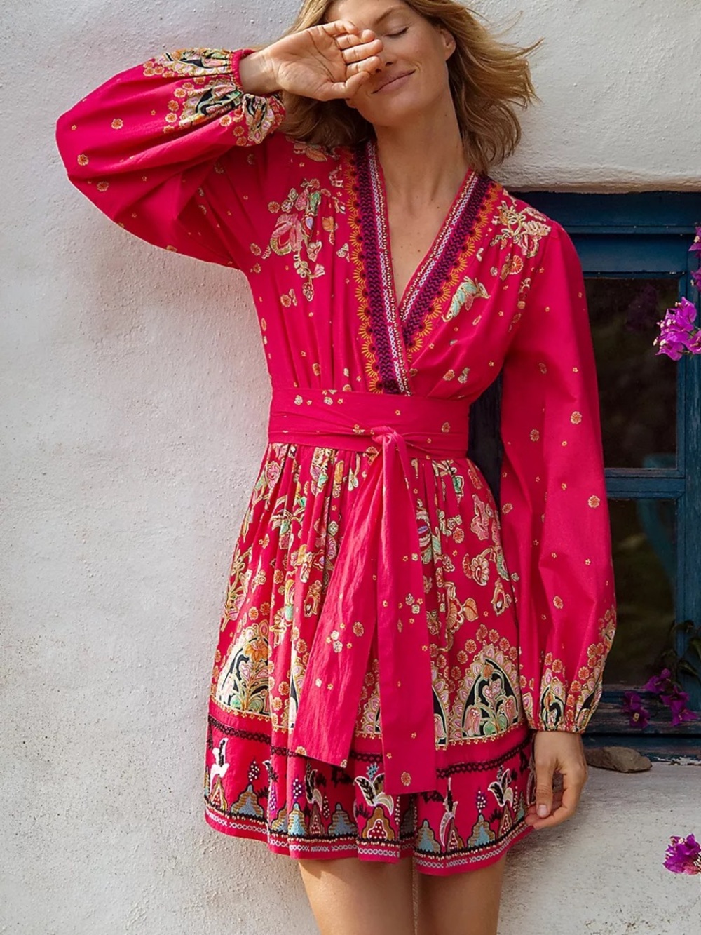 Anthropologie Raquel Beaded + Embroidered Wrap Style Mini Dress in Pink, Size M